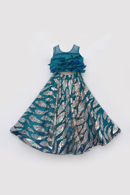 Fayon Kids_Blue Denim, Net Sequins, Embroidery Leaf Pattern Lehenga And Blouse Set _Online_at_Aza_Fashions