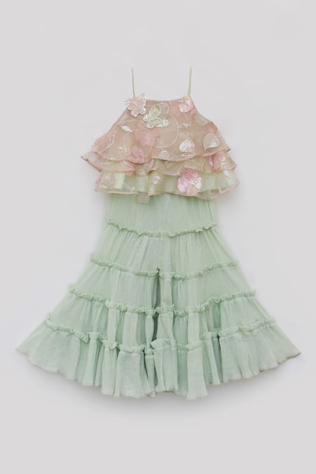 Fayon Kids_Peach Organza, Cotton Sequins, Beads Butterfly Embroidered Top And Sharara Set _Online_at_Aza_Fashions