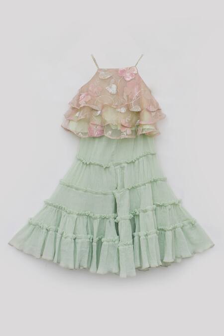Buy_Fayon Kids_Peach Organza, Cotton Sequins, Beads Butterfly Embroidered Top And Sharara Set _Online_at_Aza_Fashions