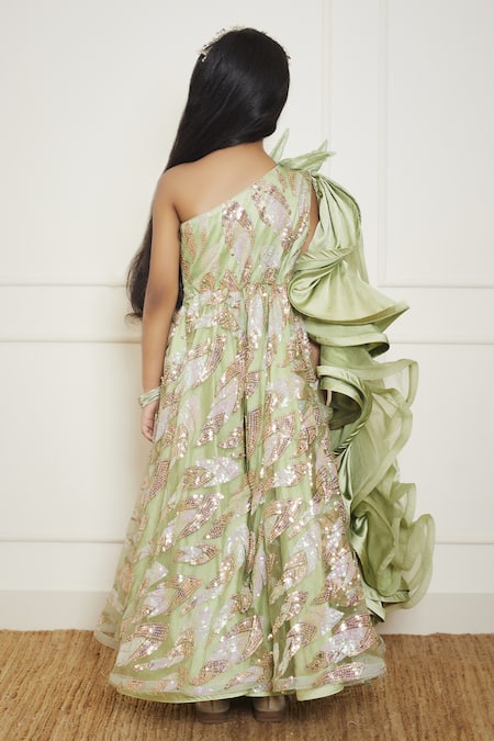 Shop Fayon Kids Green Net 3d Cutwork Sequin Embroidered Jumpsuit at Aza Fashions Shop_Fayon Kids_Green Net 3d Cutwork Sequin Embroidered Jumpsuit _at_Aza_Fashions