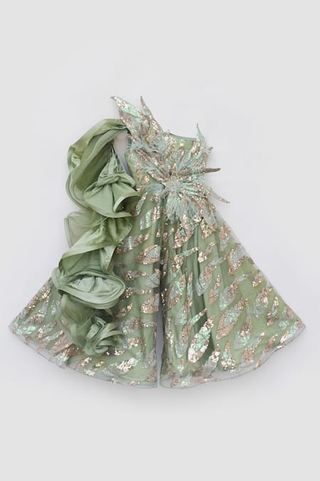 Fayon Kids Green Net 3d Cutwork Sequin Embroidered Jumpsuit Online at Aza Fashions Fayon Kids_Green Net 3d Cutwork Sequin Embroidered Jumpsuit _Online_at_Aza_Fashions