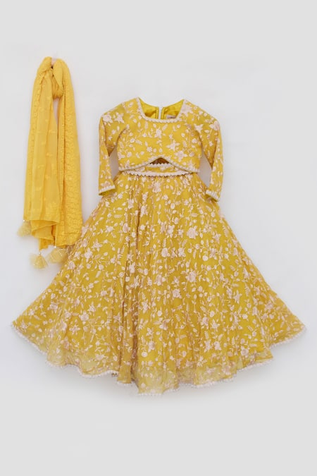 Buy_Fayon Kids_Yellow Georgette Embroidery Parsi Work Lehenga Set _Online_at_Aza_Fashions
