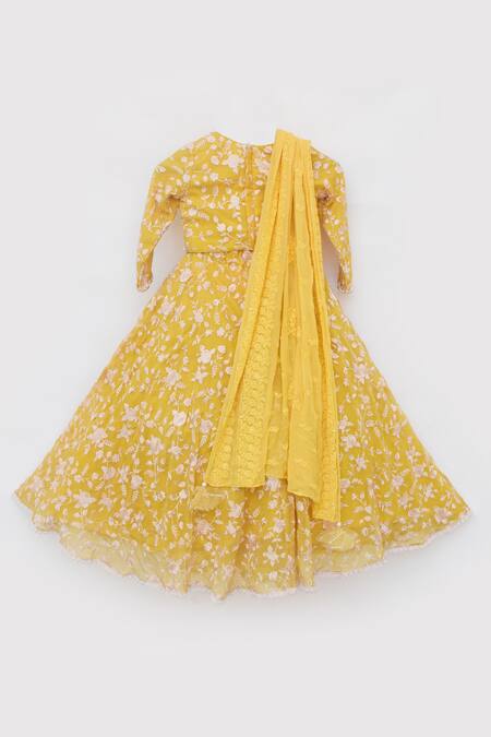 Fayon Kids_Yellow Georgette Embroidery Parsi Work Lehenga Set _at_Aza_Fashions
