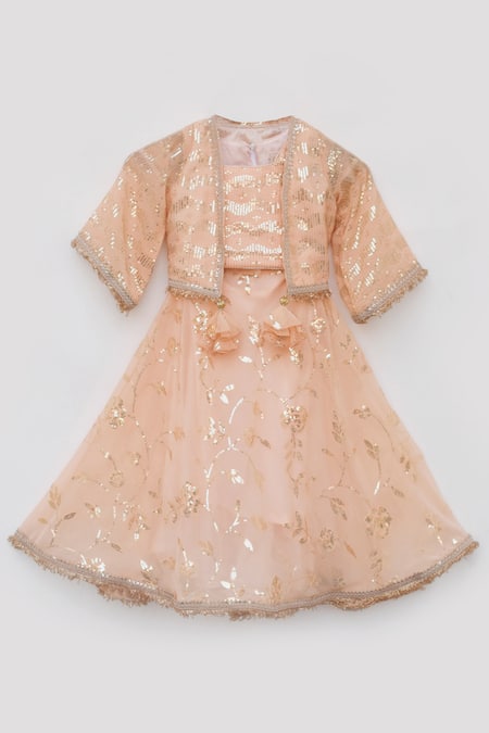 Buy_Fayon Kids_Peach Georgette Sequins, Tassels Embroidered Jacket Draped Skirt Set _Online_at_Aza_Fashions