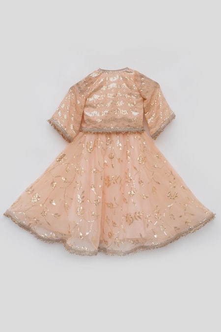 Shop_Fayon Kids_Peach Georgette Sequins, Tassels Embroidered Jacket Draped Skirt Set _Online_at_Aza_Fashions