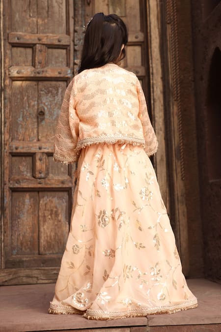 Fayon Kids_Peach Georgette Sequins, Tassels Embroidered Jacket Draped Skirt Set _Online_at_Aza_Fashions