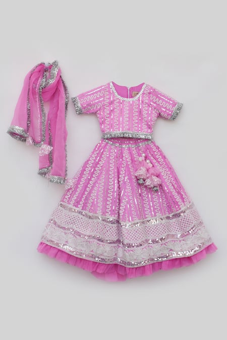 Fayon Kids_Pink Net, Organza Lace, Sequins, Embroidery Thread Lehenga Set_Online_at_Aza_Fashions