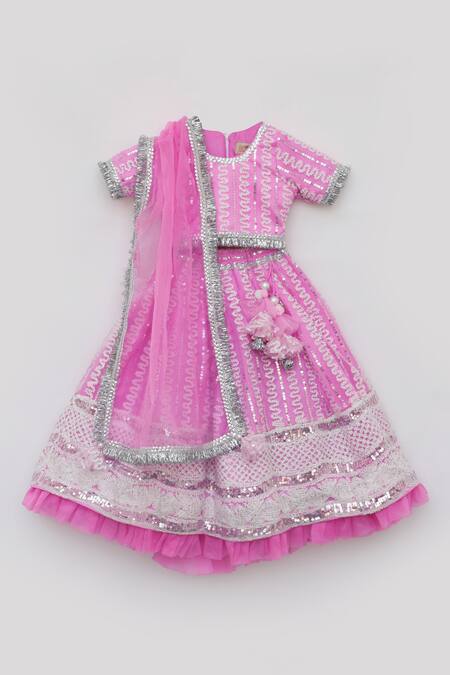 Buy_Fayon Kids_Pink Net, Organza Lace, Sequins, Embroidery Thread Lehenga Set_Online_at_Aza_Fashions