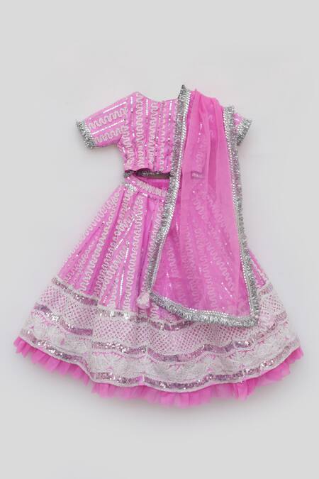 Shop_Fayon Kids_Pink Net, Organza Lace, Sequins, Embroidery Thread Lehenga Set_Online_at_Aza_Fashions