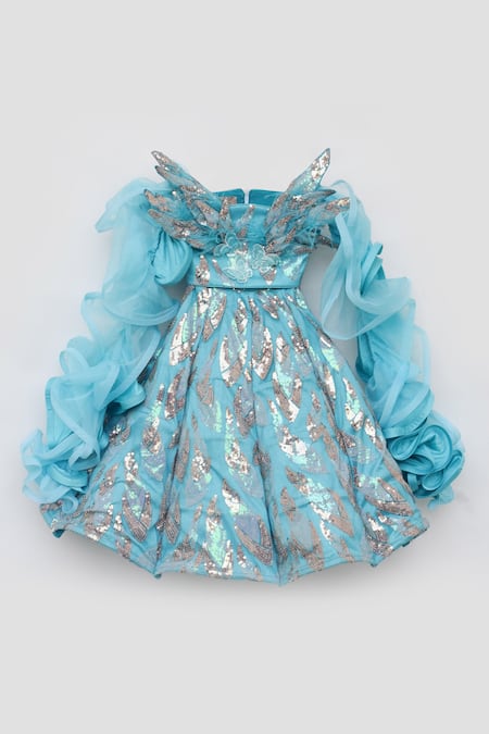 Buy_Fayon Kids_Blue Net Sequins, Embroidery 3d Crop Top And Skirt Set _Online_at_Aza_Fashions