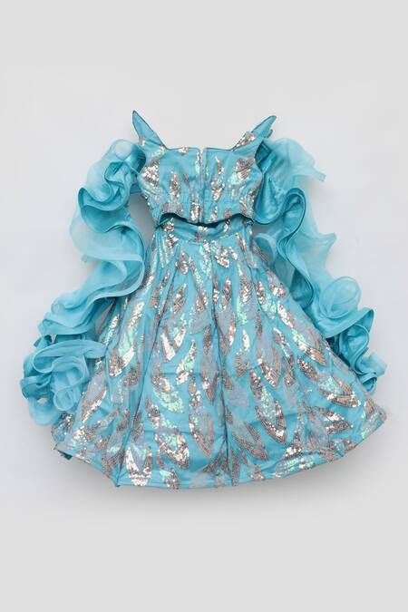 Shop_Fayon Kids_Blue Net Sequins, Embroidery 3d Crop Top And Skirt Set _Online_at_Aza_Fashions