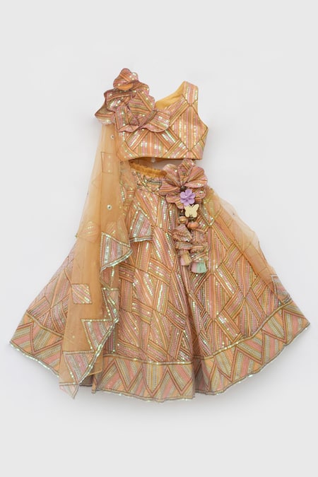 Buy_Fayon Kids_Yellow Net Sequins Embroidered Crop Top And Skirt Set _Online_at_Aza_Fashions