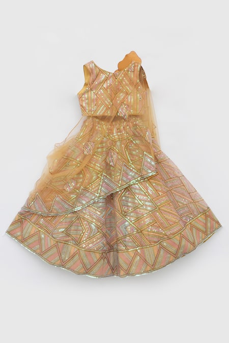 Shop_Fayon Kids_Yellow Net Sequins Embroidered Crop Top And Skirt Set _Online_at_Aza_Fashions