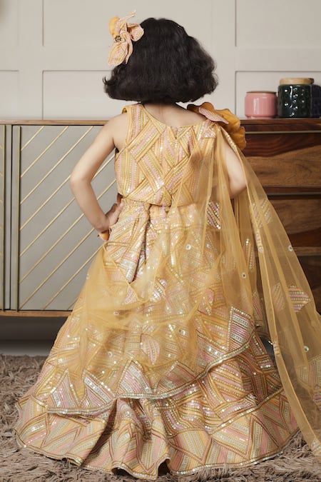 Fayon Kids_Yellow Net Sequins Embroidered Crop Top And Skirt Set _Online_at_Aza_Fashions