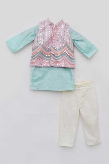 FAYON KIDS_Pink Net, Cotton Sequins, Embroidery Kurta Set _Online_at_Aza_Fashions
