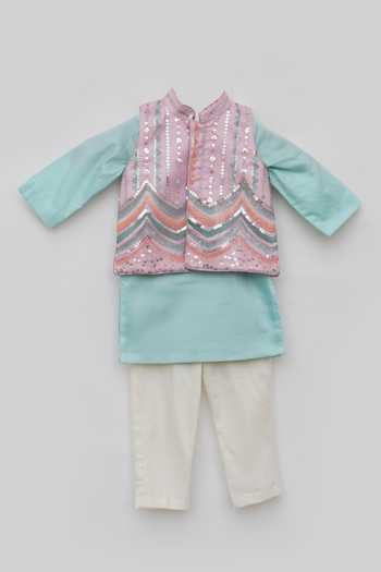 Buy_FAYON KIDS_Pink Net, Cotton Sequins, Embroidery Kurta Set _Online_at_Aza_Fashions