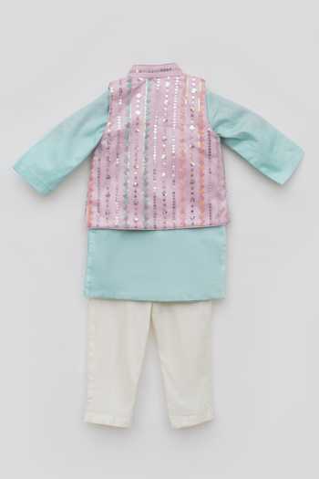 Shop_FAYON KIDS_Pink Net, Cotton Sequins, Embroidery Kurta Set _Online_at_Aza_Fashions