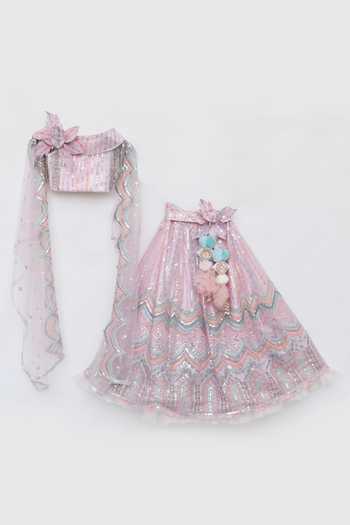 FAYON KIDS_Pink Net Sequins, Cut Work, Fabric Flowers Embroidered Crop Top And Skirt Set _Online_at_Aza_Fashions