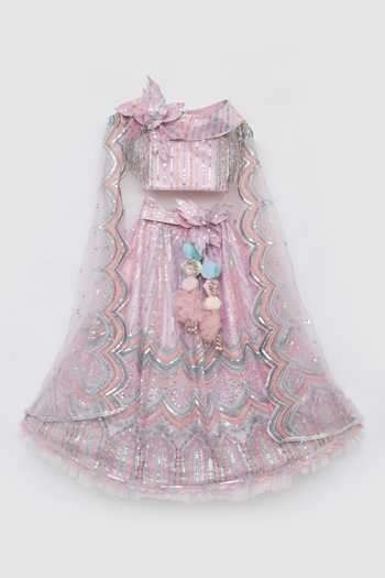 Buy_FAYON KIDS_Pink Net Sequins, Cut Work, Fabric Flowers Embroidered Crop Top And Skirt Set _Online_at_Aza_Fashions