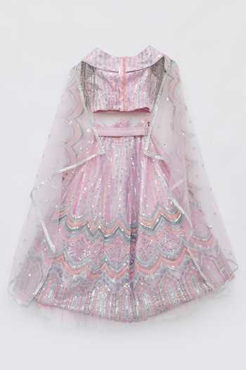 Shop_FAYON KIDS_Pink Net Sequins, Cut Work, Fabric Flowers Embroidered Crop Top And Skirt Set _Online_at_Aza_Fashions
