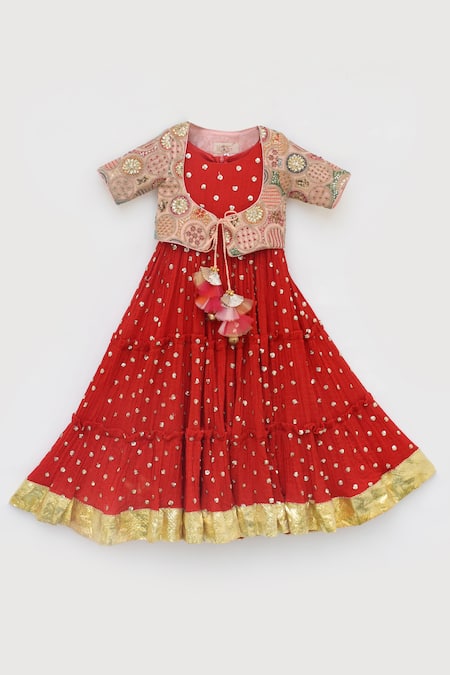 Fayon Kids Red Georgette Sequins, Zari Embroidered Anarkali With Jacket Online at Aza Fashions Fayon Kids_Red Georgette Sequins, Zari Embroidered Anarkali With Jacket _Online_at_Aza_Fashions