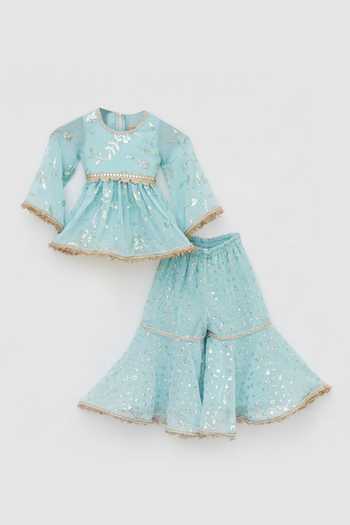 FAYON KIDS_Blue Georgette Lace, Sequins Leaf Embroidered Kurta And Sharara Set _Online_at_Aza_Fashions