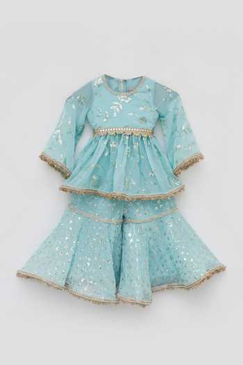 Buy_FAYON KIDS_Blue Georgette Lace, Sequins Leaf Embroidered Kurta And Sharara Set _Online_at_Aza_Fashions