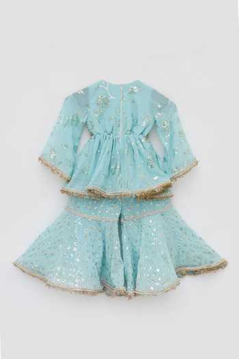 Shop_FAYON KIDS_Blue Georgette Lace, Sequins Leaf Embroidered Kurta And Sharara Set _Online_at_Aza_Fashions
