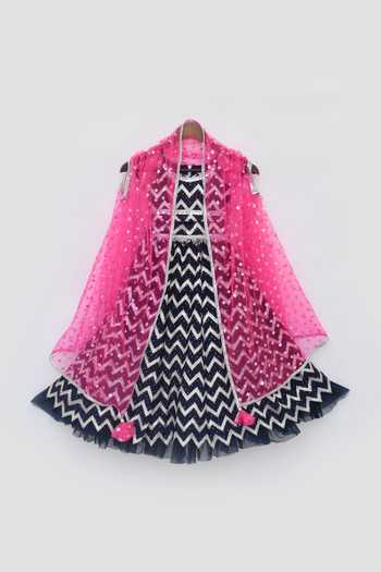 Buy_FAYON KIDS_Pink Silk, Net Sequins, Gota Patti Embroidered Cape Skirt Set _Online_at_Aza_Fashions