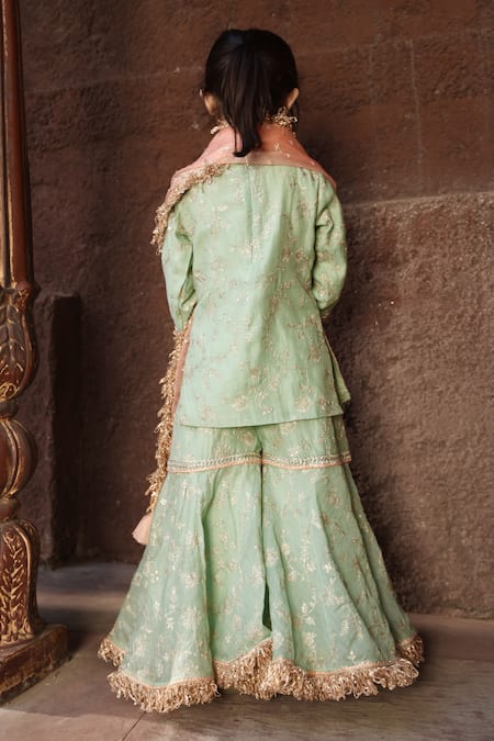 Fayon Kids Green Chanderi, Organza Embroidery, Zari Kurta Sharara Set Online at Aza Fashions Fayon Kids_Green Chanderi, Organza Embroidery, Zari Kurta Sharara Set _Online_at_Aza_Fashions