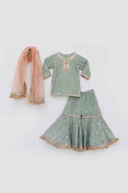 Buy Fayon Kids Green Chanderi, Organza Embroidery, Zari Kurta Sharara Set Online at Aza Fashions Buy_Fayon Kids_Green Chanderi, Organza Embroidery, Zari Kurta Sharara Set _Online_at_Aza_Fashions