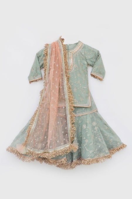 Shop Fayon Kids Green Chanderi, Organza Embroidery, Zari Kurta Sharara Set Online at Aza Fashions Shop_Fayon Kids_Green Chanderi, Organza Embroidery, Zari Kurta Sharara Set _Online_at_Aza_Fashions