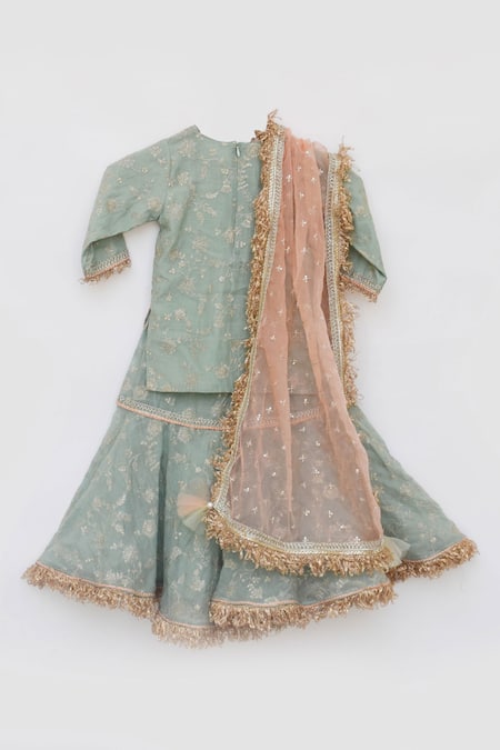 Fayon Kids Green Chanderi, Organza Embroidery, Zari Kurta Sharara Set at Aza Fashions Fayon Kids_Green Chanderi, Organza Embroidery, Zari Kurta Sharara Set _at_Aza_Fashions