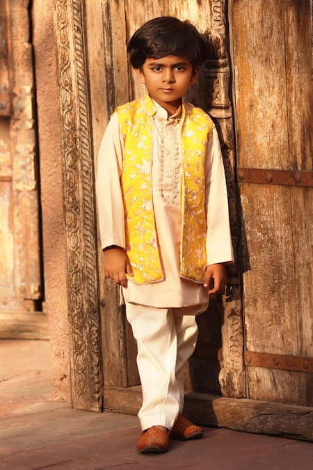 FAYON KIDS Yellow Kurta Georgette Embroidery Parsi Work Bundi And Set 