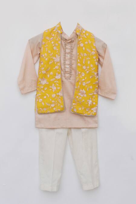 Buy Fayon Kids Yellow Cotton, Georgette Embroidery Floral Bundi And Kurta Set Online at Aza Fashions Buy_Fayon Kids_Yellow Cotton, Georgette Embroidery Floral Bundi And Kurta Set _Online_at_Aza_Fashions