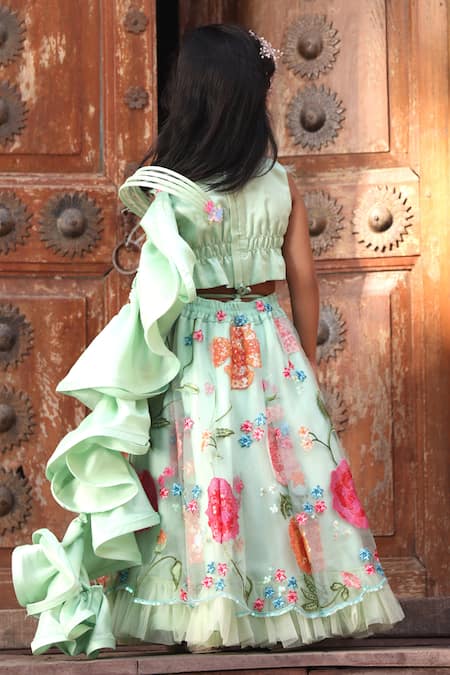 Fayon Kids Green Net Sequins, Fabric Flowers, Embroidery And Crop Top Online at Aza Fashions Fayon Kids_Green Net Sequins, Fabric Flowers, Embroidery And Crop Top _Online_at_Aza_Fashions