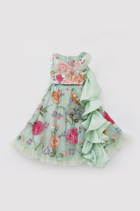 Buy Fayon Kids Green Net Sequins, Fabric Flowers, Embroidery And Crop Top Online at Aza Fashions Buy_Fayon Kids_Green Net Sequins, Fabric Flowers, Embroidery And Crop Top _Online_at_Aza_Fashions