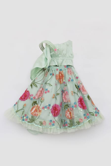 Shop Fayon Kids Green Net Sequins, Fabric Flowers, Embroidery And Crop Top Online at Aza Fashions Shop_Fayon Kids_Green Net Sequins, Fabric Flowers, Embroidery And Crop Top _Online_at_Aza_Fashions