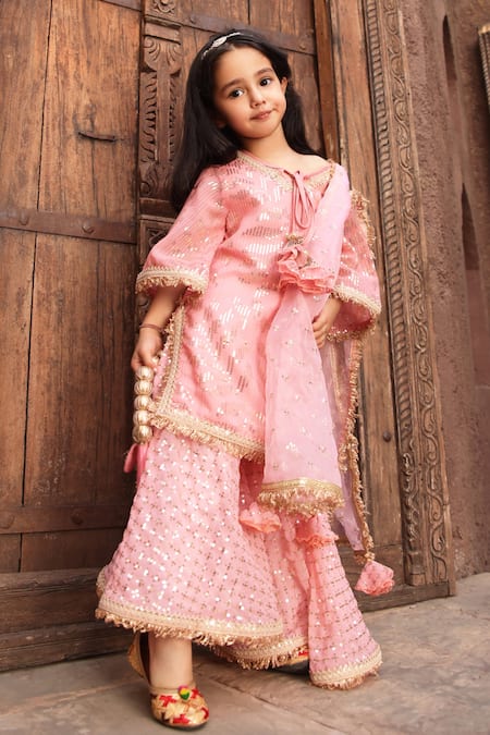 FAYON KIDS Peach Kurta And Sharara Georgette Embroidery Sequin Stitchline Set 