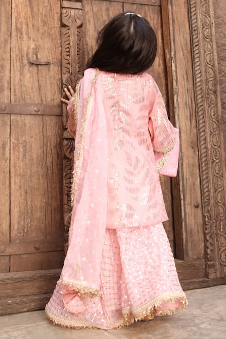 Shop_Fayon Kids_Peach Georgette, Organza Sequins, Lace, Stitchline Embroidered Kurta Sharara Set _at_Aza_Fashions