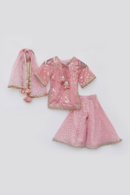 Fayon Kids_Peach Georgette, Organza Sequins, Lace, Stitchline Embroidered Kurta Sharara Set _Online_at_Aza_Fashions