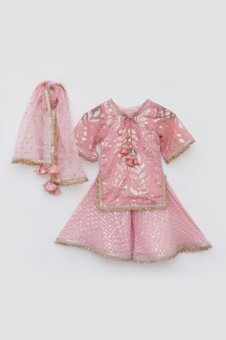 Buy_Fayon Kids_Peach Georgette, Organza Sequins, Lace, Stitchline Embroidered Kurta Sharara Set _Online_at_Aza_Fashions