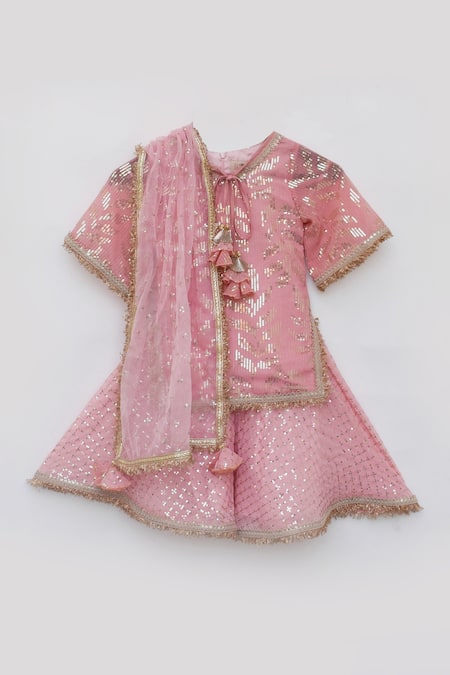 Shop_Fayon Kids_Peach Georgette, Organza Sequins, Lace, Stitchline Embroidered Kurta Sharara Set _Online_at_Aza_Fashions