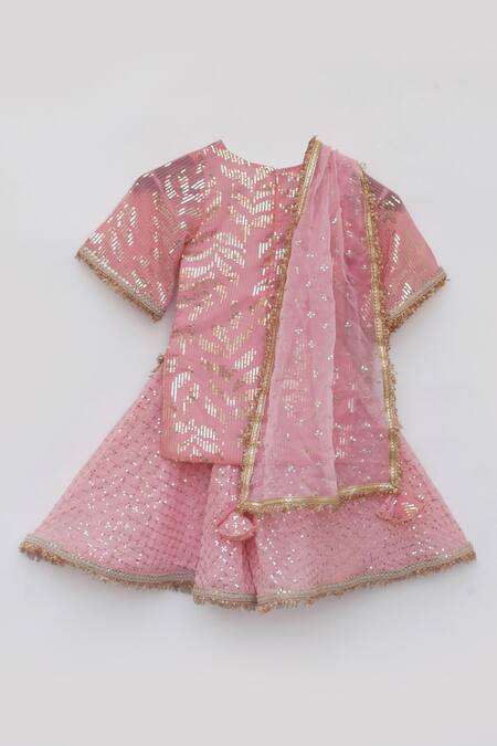 Fayon Kids_Peach Georgette, Organza Sequins, Lace, Stitchline Embroidered Kurta Sharara Set _at_Aza_Fashions