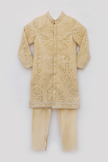 Buy Fayon Kids Gold Chanderi, Cotton Embroidery, Sequins Lucknowi Achkan And Pant Set Online at Aza Fashions Buy_Fayon Kids_Gold Chanderi, Cotton Embroidery, Sequins Lucknowi Achkan And Pant Set _Online_at_Aza_Fashions