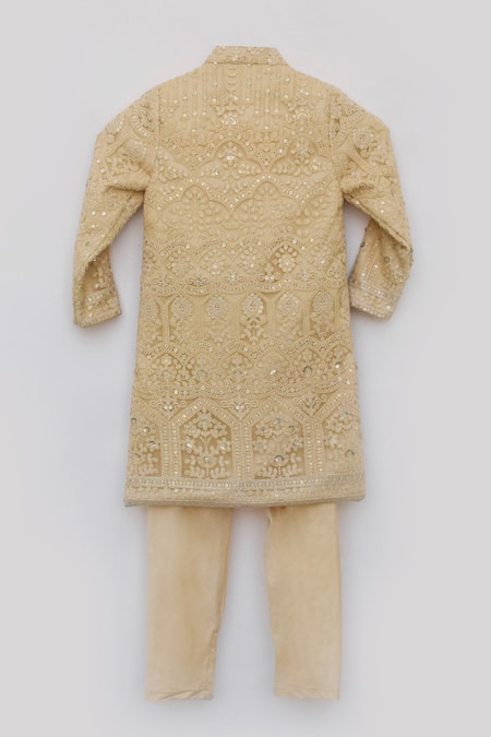 Shop Fayon Kids Gold Chanderi, Cotton Embroidery, Sequins Lucknowi Achkan And Pant Set Online at Aza Fashions Shop_Fayon Kids_Gold Chanderi, Cotton Embroidery, Sequins Lucknowi Achkan And Pant Set _Online_at_Aza_Fashions