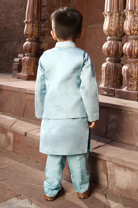 Fayon Kids_Blue Cotton, Chanderi Embroidery, Lace Bundi And Kurta Set _Online_at_Aza_Fashions