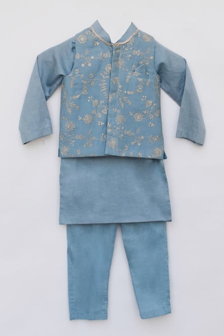 Buy_Fayon Kids_Blue Cotton, Chanderi Embroidery, Lace Bundi And Kurta Set _Online_at_Aza_Fashions