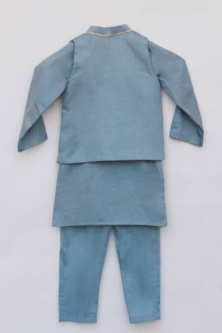 Shop_Fayon Kids_Blue Cotton, Chanderi Embroidery, Lace Bundi And Kurta Set _Online_at_Aza_Fashions