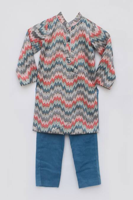 Buy_Fayon Kids_Blue Cotton Embroidery Zig Zag Print Kurta Set _Online_at_Aza_Fashions